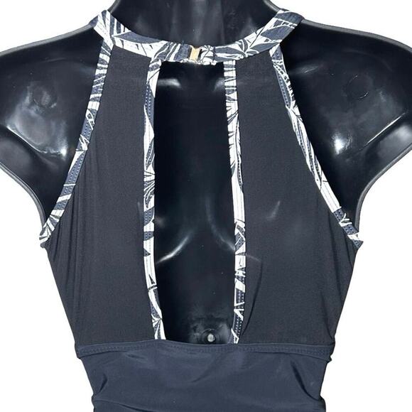 NWT Tempt Me Women’s High Neck Ruched One Piece Swimsuit Black Leaves Size M - Picture 7 of 8